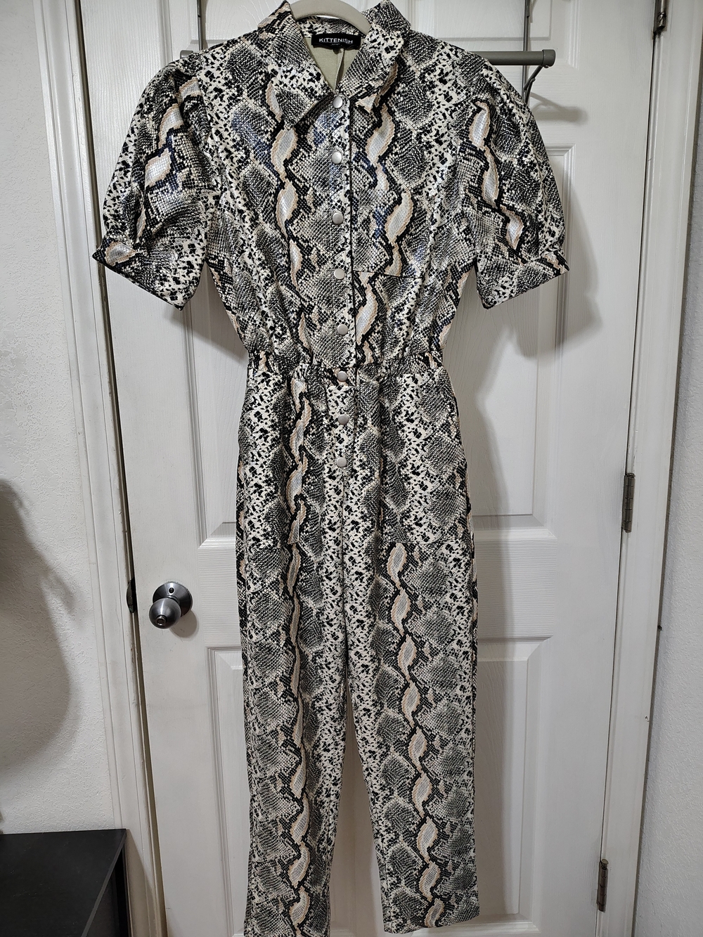 Kittenish Faux Leather Snake-Print Jumpsuit S Black Gray White NWOT